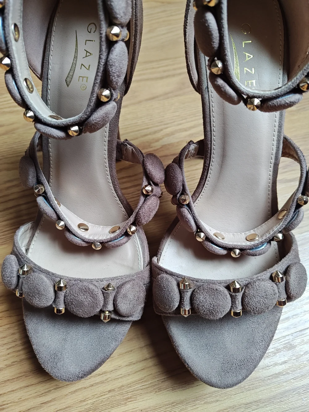 Glaze Taupe Suede Studded Platform Stiletto Heels Edgy Boho Sandal Size 8.5